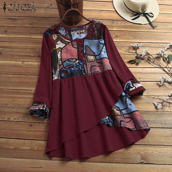 

women's printed blouse 2019 zanzea kaftan patchwork casual long sleeve shirts female o neck blusas floral tunic oversized, White
