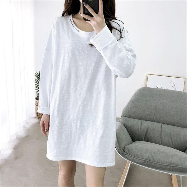 

v833 2019 autumn all-match embroidery letter base women's loose mid-length long sleeve t- women shirt t-shirt shirt, White