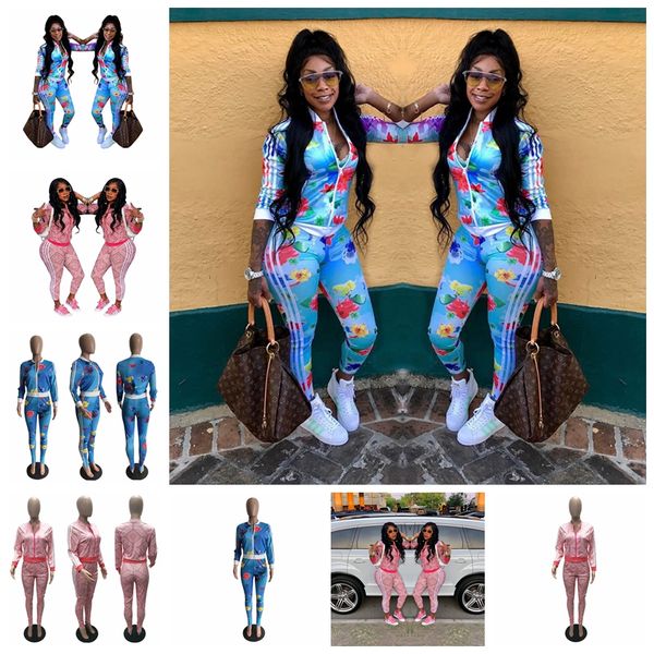 

2019 european fashion print flower stripe long sleeve stand collar zipper casual suit, pink, blue, support mixed batch, White