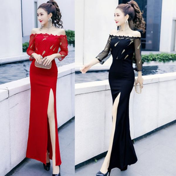 

spot trend 2020 new banquet evening dress long nightclub fish tail word collar was thin split skirt dress female, White;black
