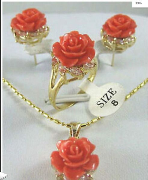 ювелирные изделия красивая золотая пластина Роза коралловый цветок кулон серьги кольцо набор стиль