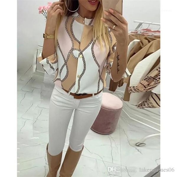 

sleeve fashion slim fit casual famale clothes womens designer chain print shirt spring stand collar long, White