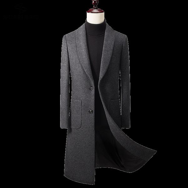 

2019 winter new thick warm men's slim wool coat dark gray luxury brand clothing youth casual long wool coat 9902, Black