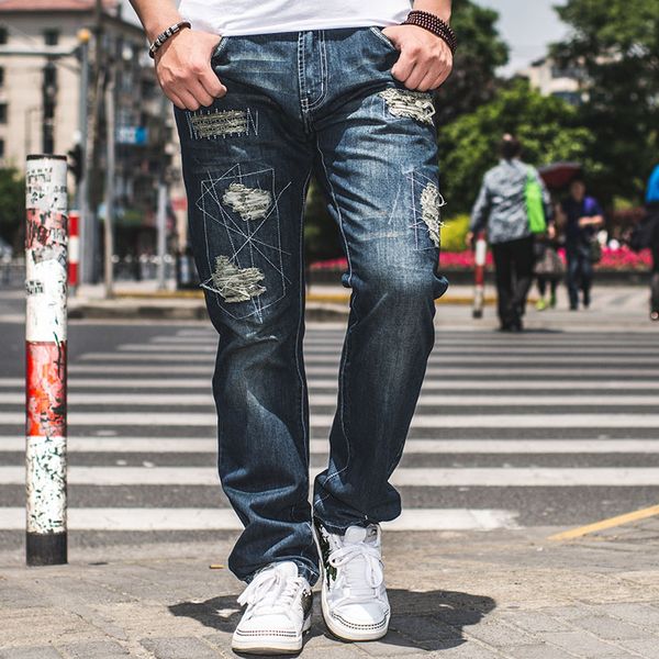 

large size mens straight distressed jeans hip hop cargo jeans pants men baggy ripped homme big and tall brand clothing 46, Blue