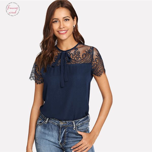 

tie navy шеи шнурка плеча contrast сетки кнопка топ блуза spring weekend casual вокруг шеи женщины топы и блузки, White