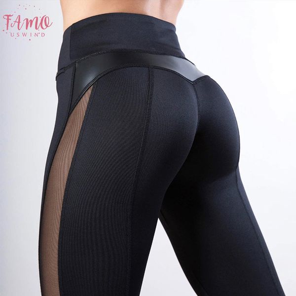 

fashion mesh leggings women fitness legging pu leather pants leggins heart workout leggings active femme leggings good quality, Black