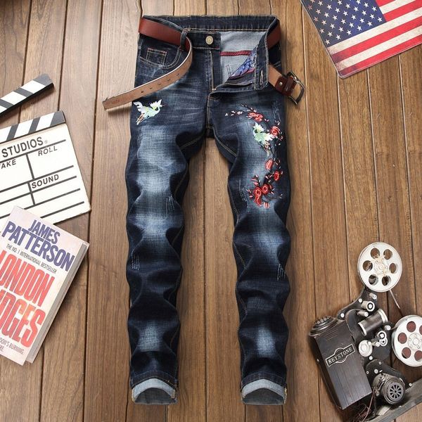 

new brand chinese style floral embroidery full length mens denim pants straight runway fashion washed elastic jeans trousers, Blue