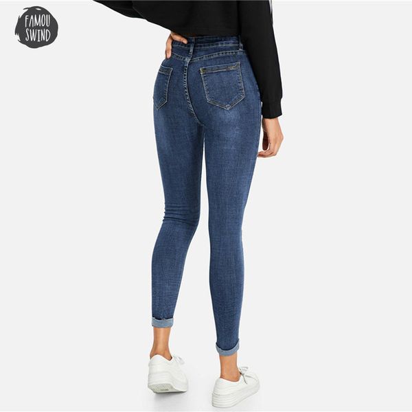 

ripped navy jeans denim skinny summer women casual button fly high waist modern new style trousers female plain fashion pants, Blue