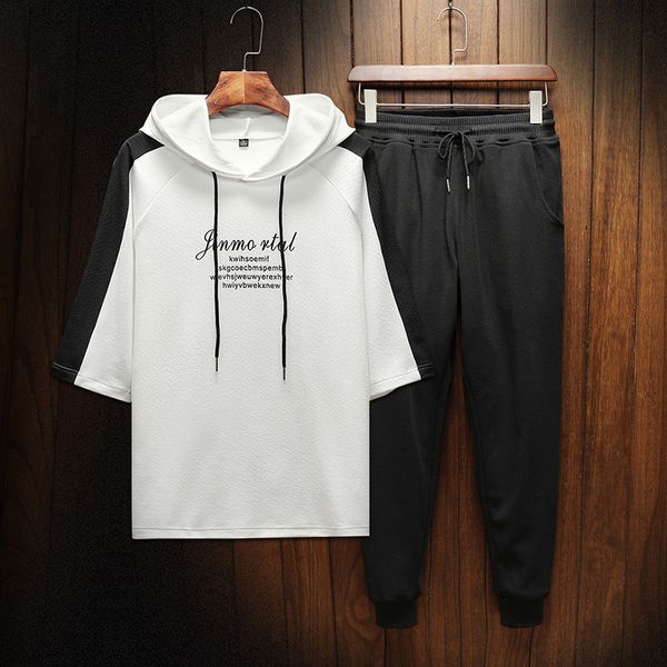 

2019 summer three quarter sleeve sets hooded t shirt men tracksuit women jogging homme fashion ropa de hombre, Gray