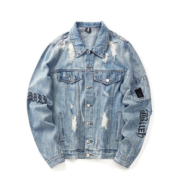 

новые мужские рваные светло-синие джинсовые куртки пальто модельер письмо вышивка хип-поп уличная одежда негабаритные панельные джинсы верхн, Black;brown