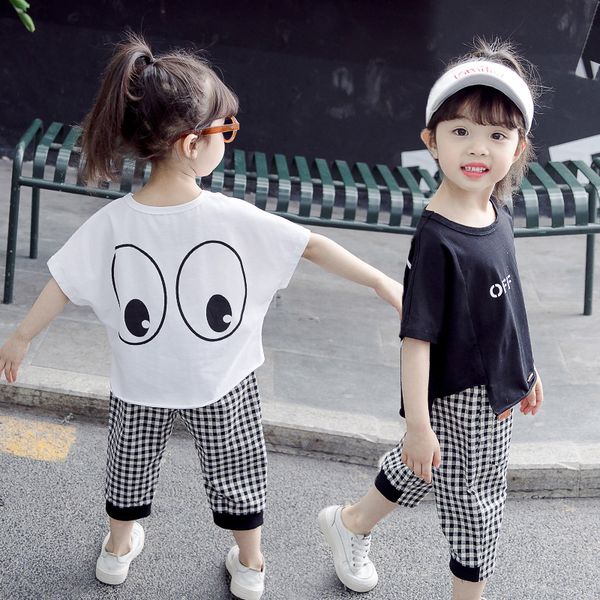 

childrens clothing childrens suit 2020 summer girls short-sleeved t-shirt plaid casual pants two-piece boys shirt pants, White