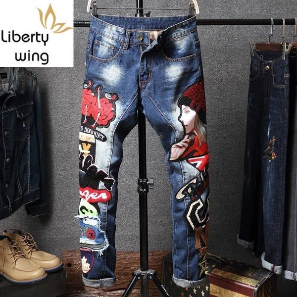 

mens fashion korean embroidery tassel denim male casual appliques straight jeans pants slim long trousers streetwear, Blue