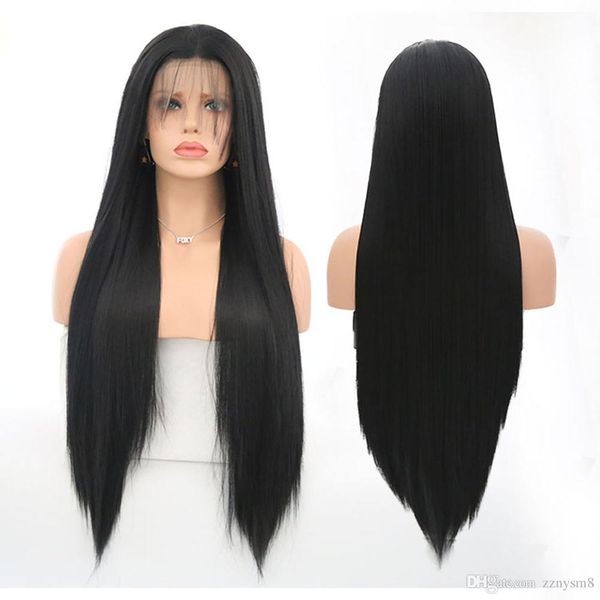 

middle part silky straight black color wig heat resistant synthetic lace front wigs for women with baby hair