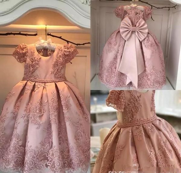 

jewel pink ball gown pearls appliques floor length capped short sleeves cute beautiful wedding flower girl dress, White;blue