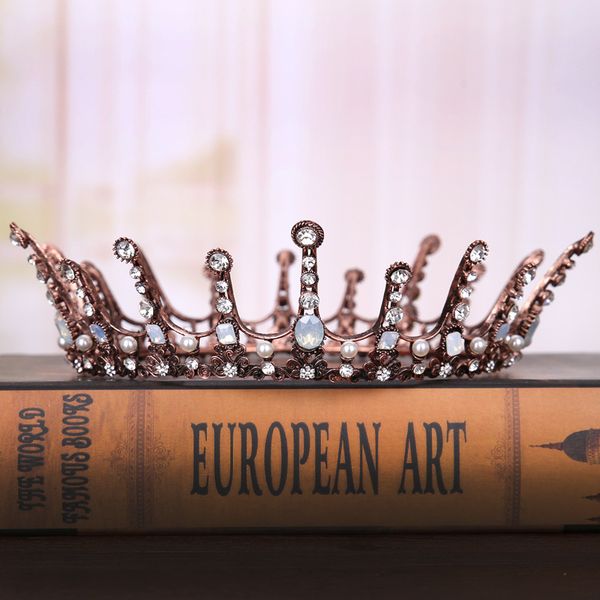 

european vintage baroque round rhinestone queen princess tiara crowns women bride wedding headdress hair jewelry accessories, Golden;white