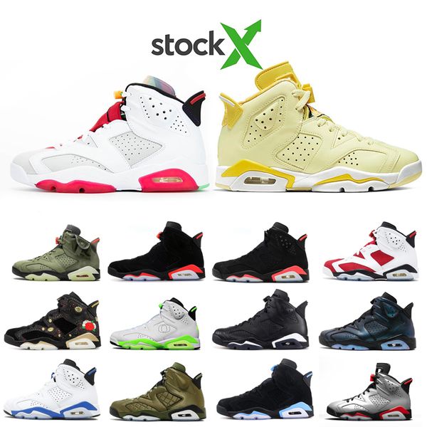 

stock x hare travis scotts yellow 6 medium olive 6s men basketball shoes dmp floral infrared cactus jack mens sports designer sneakers, Black