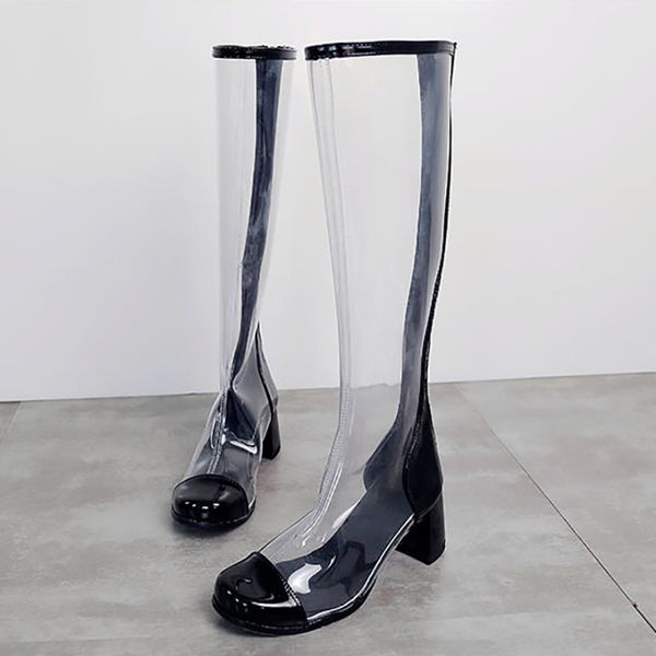 

boots women shoes mid calf boots thick high heels fashion transparent pvc square toe glossy fenty beauty zipper ladies shoes, Black