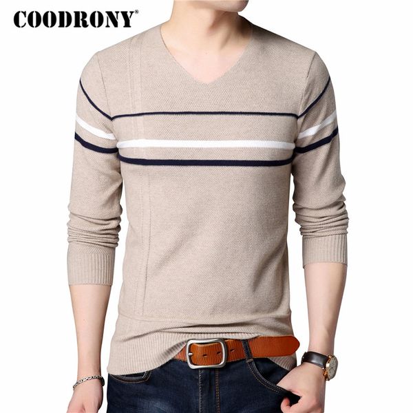 

coodrony sweater men warm cashmere wool pullover men clothing 2018 autumn winter mens casual striped v-neck jersey sweaters 8113, White;black
