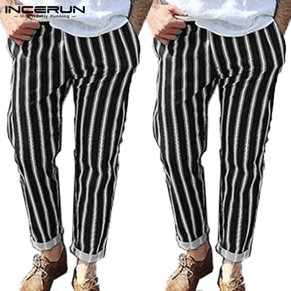

incerun men striped fashion casual pants british retro slim joggers comfort street mens social stretch elastic pencil trousers, Black