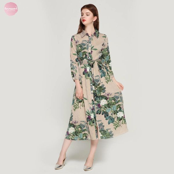 

women vintage floral dresses striped midi dress bow tie long sleeve pleated female qa178 chic vestidos casual, Black;gray