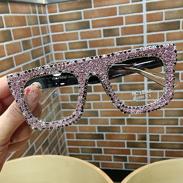

2019 vintage women square clear glasses frame optical glasses bling stones men eyeglasses frames oculos handmade fashion shades, Black