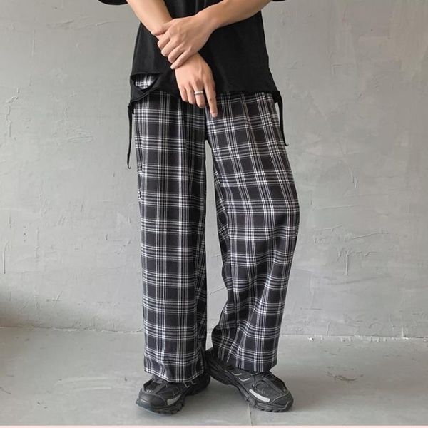 

elastic waist streetwear black plaid pants men joggers 2020 man casual straight wide leg pants men korean hip hop m-xxl