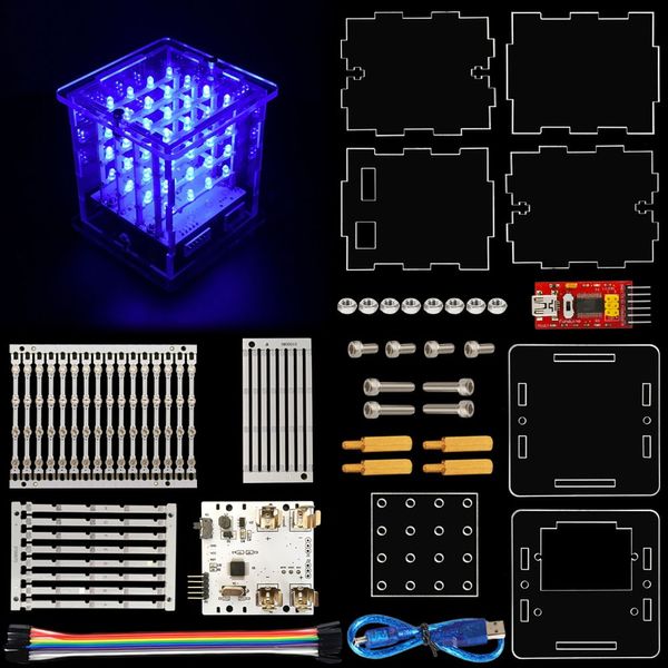 Freeshipping NOVO! Kit de cubo de LED 4x4x4 para projeto com módulo FTDI + manual do usuário