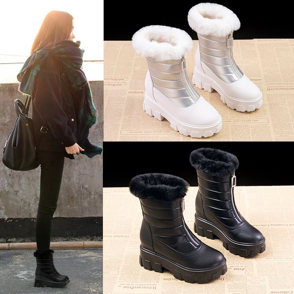 

winter boots lady wedge shoes leather booties plush round toe platform zipper australia boots-women 2020 genuine lolita, Black