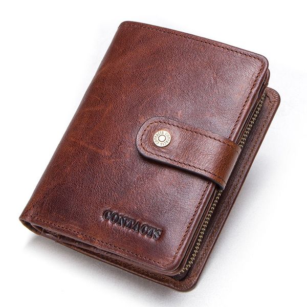 

contact's genuine leather rfid vintage wallet men with coin pocket short wallets small zipper walet with card holders man purse, Red;black