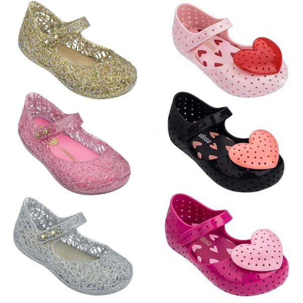

mini melissa lovely heart girl jelly shoes sandals 2020 new baby shoes soft bottom melissa sandals for kids non-slip princess, Black;red