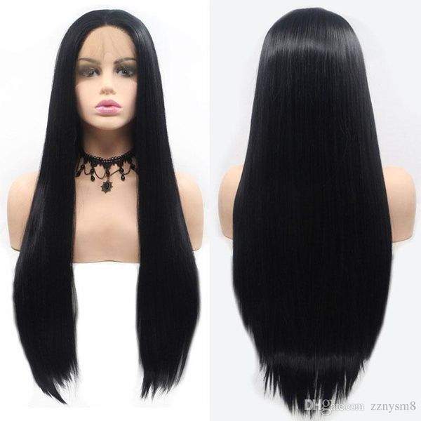 

black long straight synthetic hand tied lace front wig glueless heat resistant fiber hair middle parting for women wig