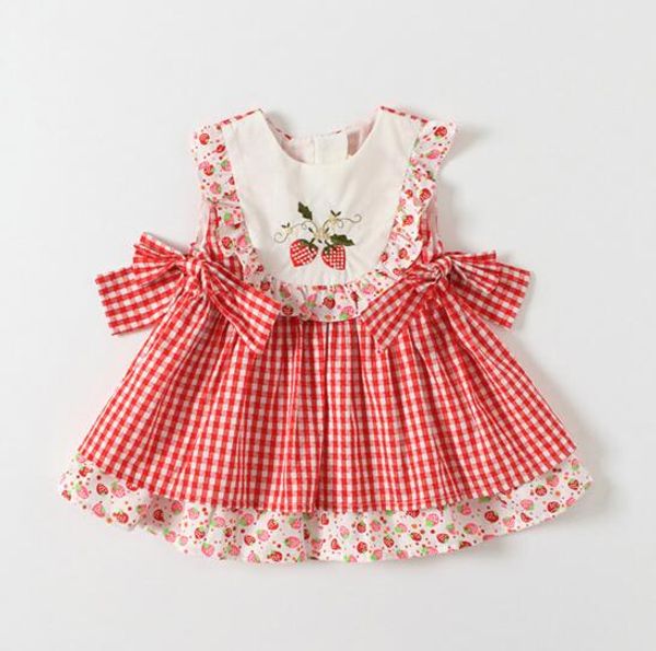 

kids Girl designer clothes Dress Summer Sleeveless Plaid Print Strawberry Embroidery Design Dress Princess Girl Clothing Dress