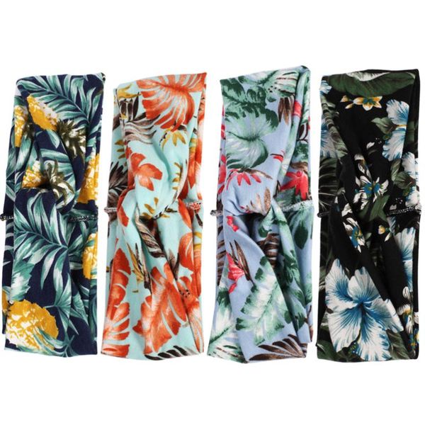 

4pcs leaves printing hair bands floral wide headband sports sweat absorb headwear yoga running breathable headwrap elastic hair, Yellow;black