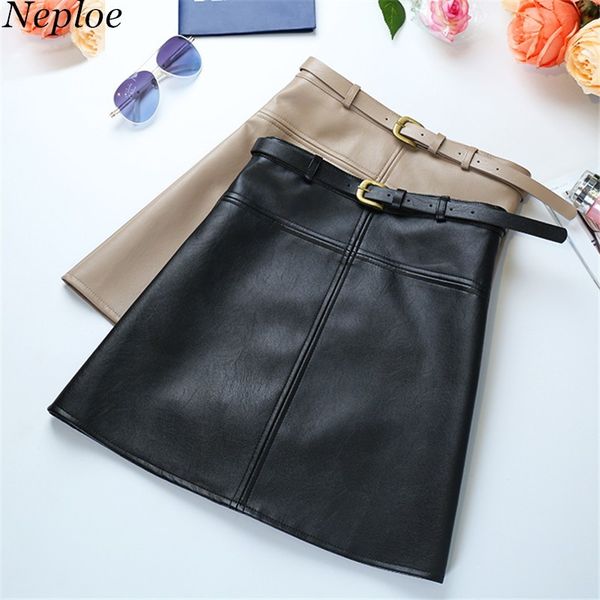 

neploe autumn high waist pu skirt 2020 new korean women a line short skirt with sashes solid fashion wild female skirt 66145, Black;gray