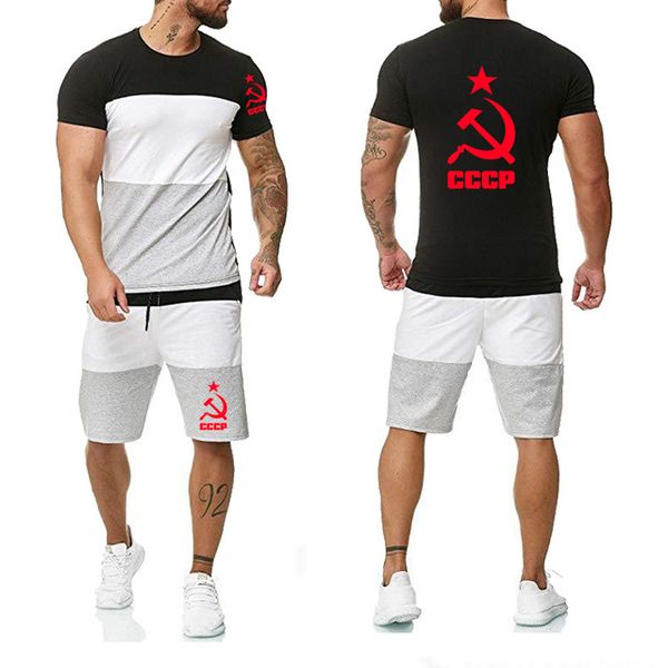 

2020 new summers men's t-shirt for cccp russian ussr soviet union print gradient mens short sleeve suits t-shirt+pants suit 2pcs