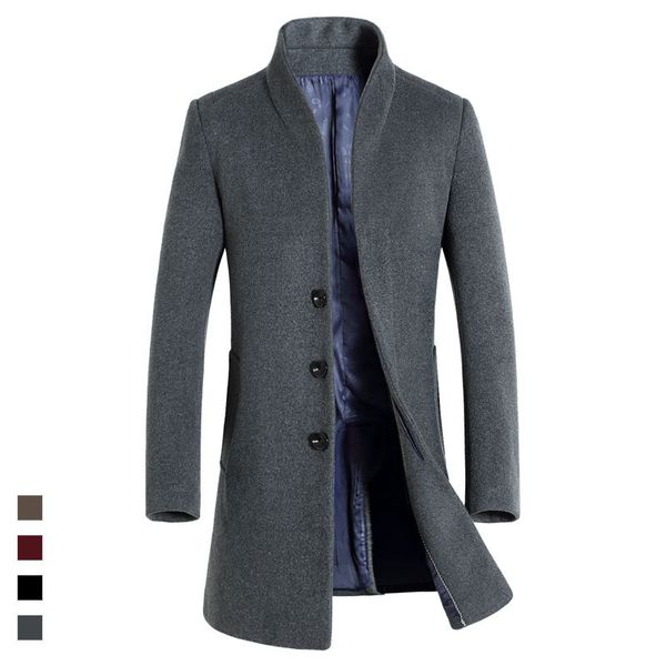 

aimenwant 2018 new design winter woolen coat for men single breasted gray wool trench male slim fit business coats ing, Black