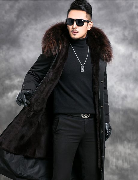 

real fur coat men winter jacket real fur liner parka men clothes 2019 raccoon collar warm long coats plus size 4462, Black