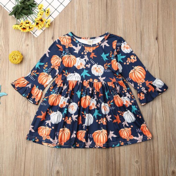 

kids baby girls party haloween pumpkin dress long sleeve princess skater dresses