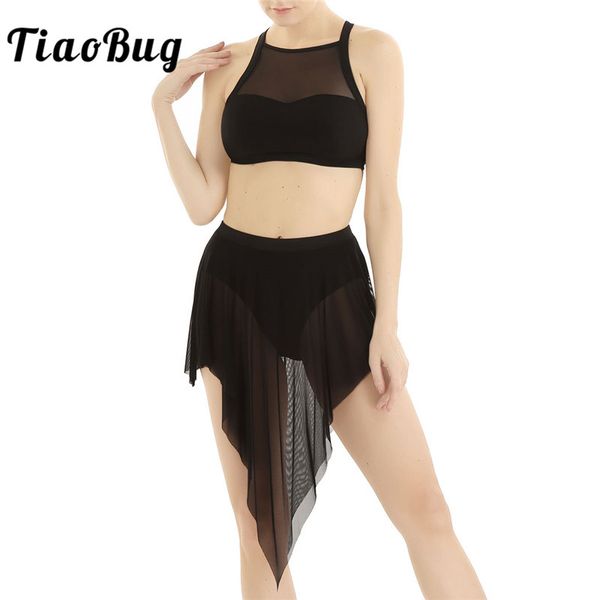 

tiaobug women dancewear sleeveless two-piece gymnastics crop with mesh leotard skirt set ballet dress lyrical dance costume, Black;red
