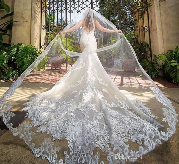 

wedding veils cathedral length bridal veils lace edge appliqued sequined 4m long customized with comb, Black