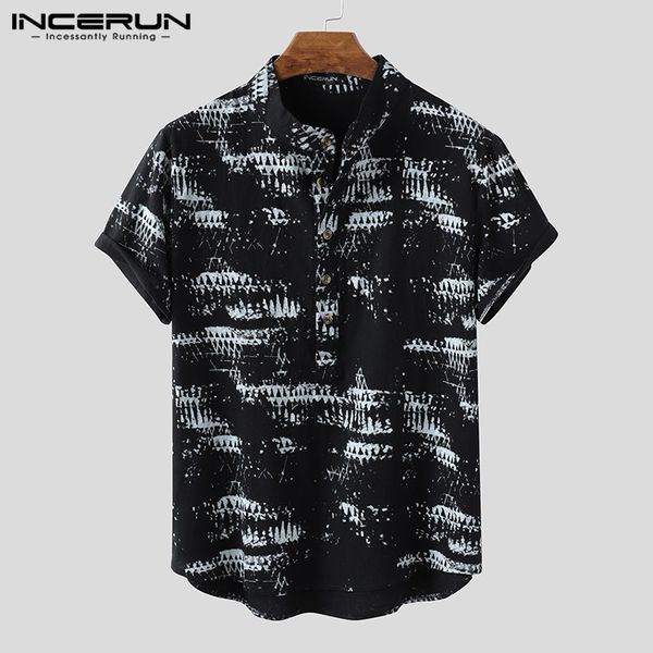 

incerun men vintage printed shirts short sleeve stand collar shirt man casual buttons loose blouse fashion cotton floral 7, White;black
