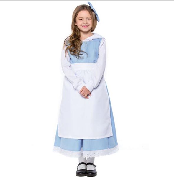 

kid girl classic blue white apron maid dress kid girl maidservant costume halloween purim cosplay costume a113, Black;red