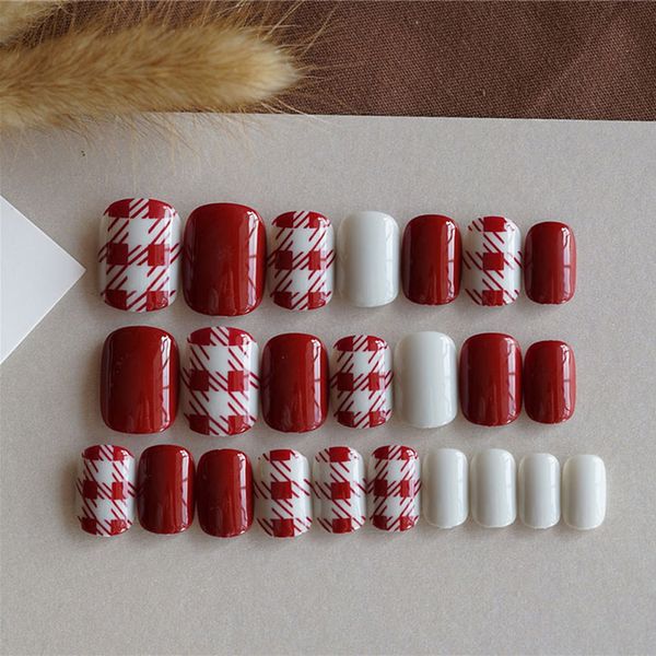 

24pcs/set fake nails lattice grid design artificial french multiple colors false nails tips press on with glue sticker, Red;gold