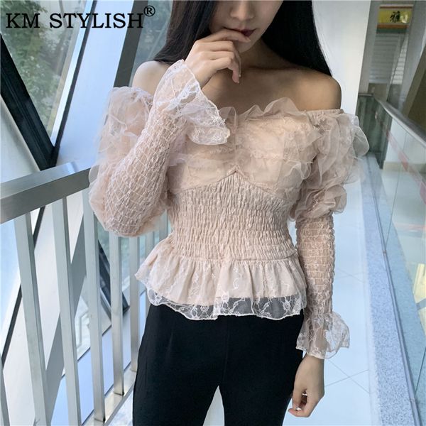 

km stylish women's vintage lantern sleeve lace shirt autumn clothings 2019 new french wood ear lace long sleeve and blouses, White