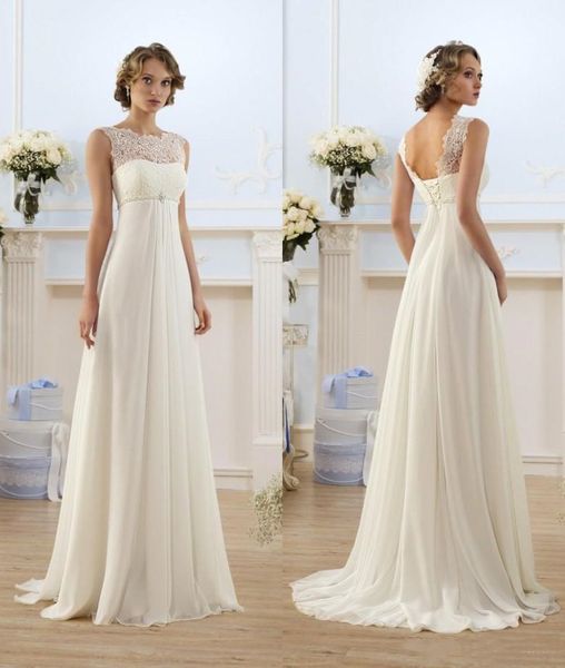 

2020 chiffon a line empire high waist wedding dresses lace sheer neckline lace-up backless summer beach maternity bridal gowns cps212, White