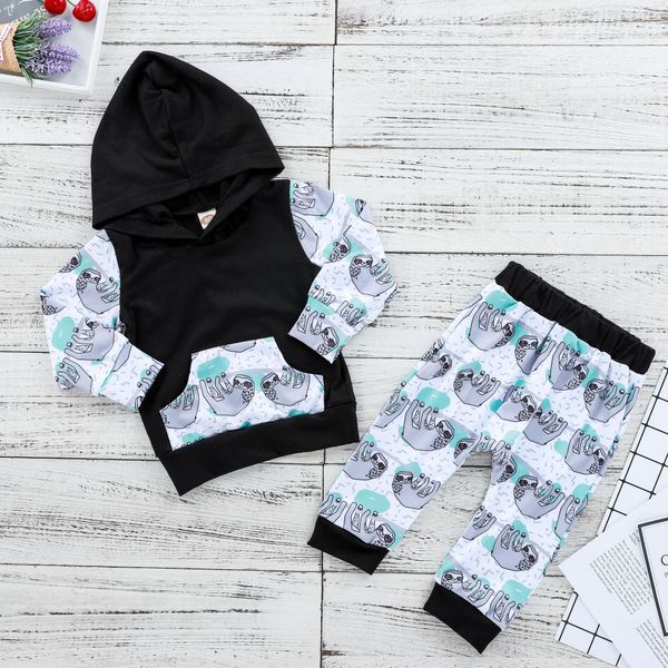 

flora pig kids baby hooded clothes set autumn baby boy girl long sleeve hooded t shirt sloth print pant outfit suit 2pcs set, White