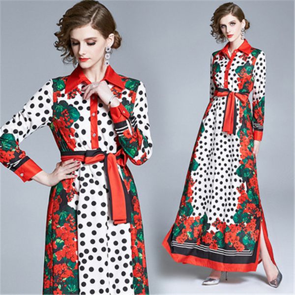

fashion designer runway dress spring autumn women's dress long sleeve dot floral-print loose robe maxi dresses, Black;gray