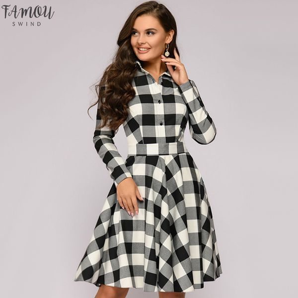 

women vintage plaid printed sashes a-line party dress long sleeve turn down collar elegant dress 2020 autumn winter new dress, Black;gray