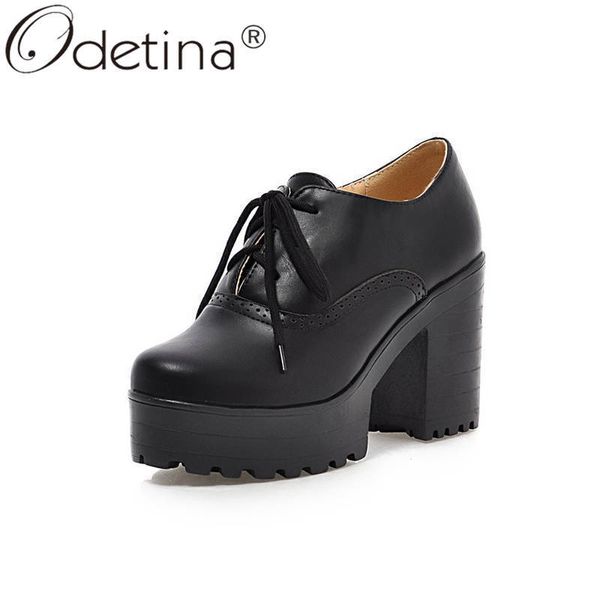 

odetina women fashion block extreme high heel cross-tied oxfords shoes female retro round toe non-slip platform new dress shoes, Black