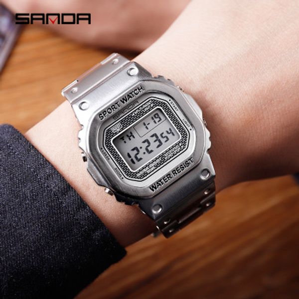 

sanda 390 men/women digital wristwatches business casual stainless steel strap 50m waterproof alarm 12/24 hour clock reloj mujer, Slivery;brown